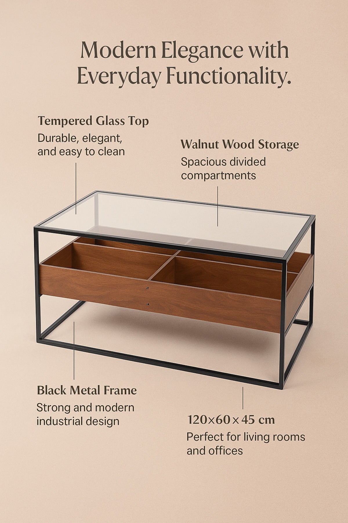 Walnut Coffee Table with Glass Top & Black Metal Frame Ð 120_60_45 cm