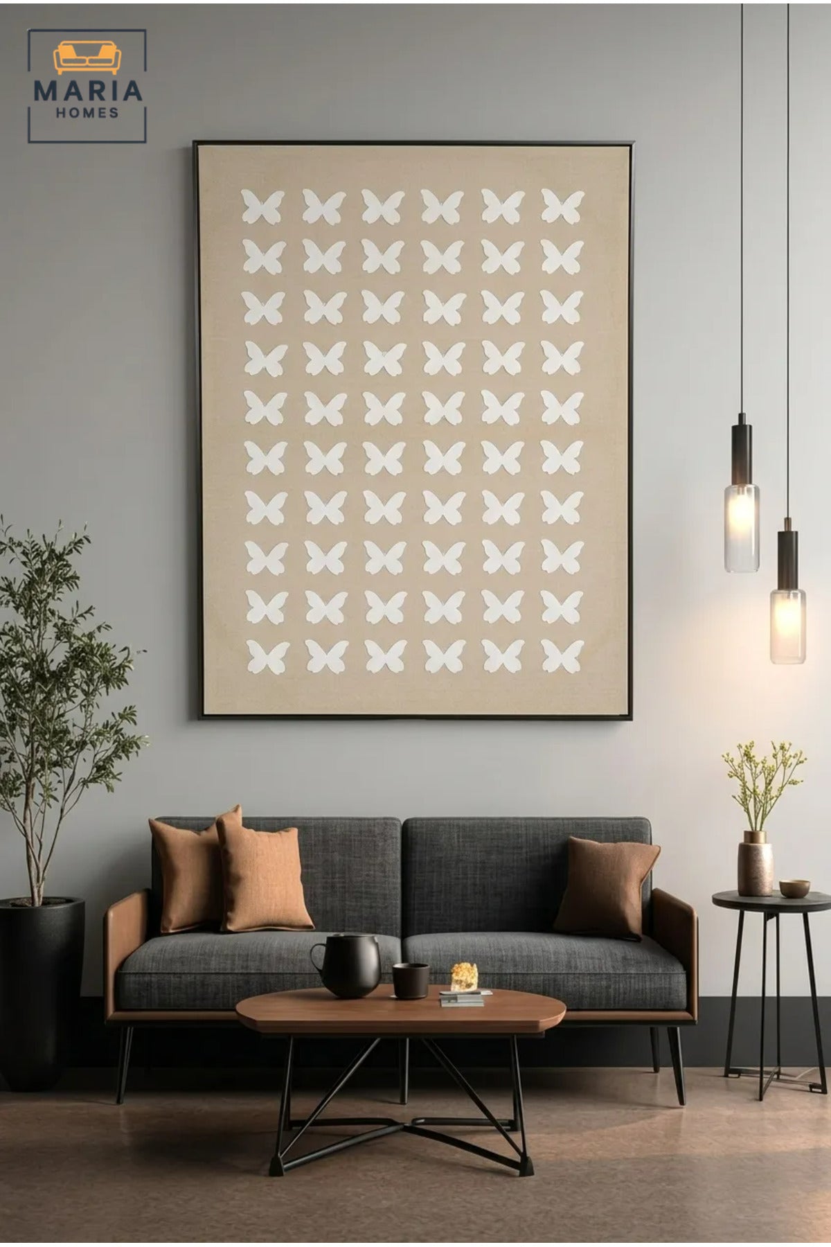 Modern Butterfly Textured Wall Art with Slim Black Frame, White Pattern on Neutral Beige Canvas for Living Room, Bedroom, Hallway and Office Décor