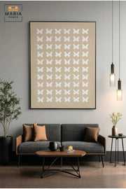 Modern Butterfly Textured Wall Art with Slim Black Frame, White Pattern on Neutral Beige Canvas for Living Room, Bedroom, Hallway and Office Décor