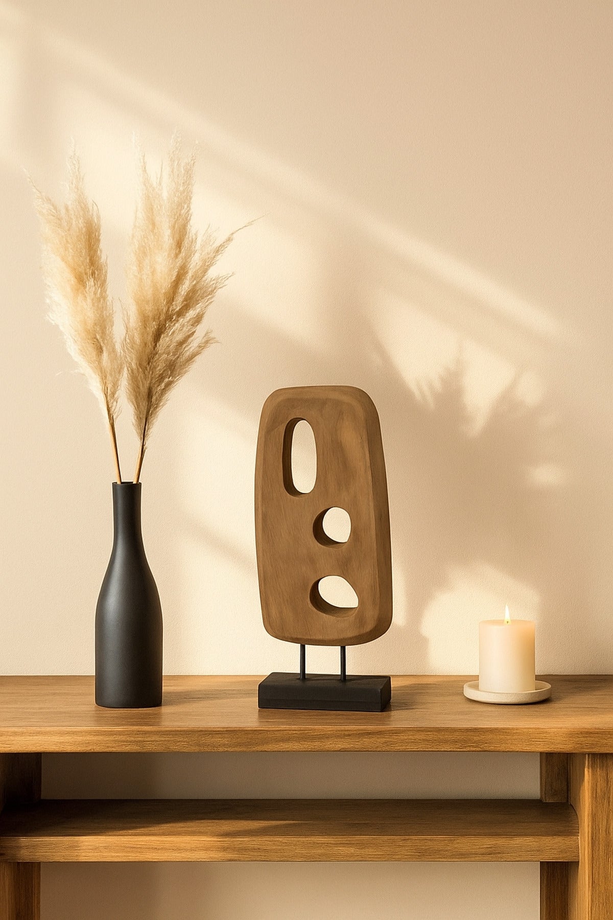 Walnut and Black Wooden Abstract Cut-Out Sculpture on Stand Ð Modern Decorative Accent