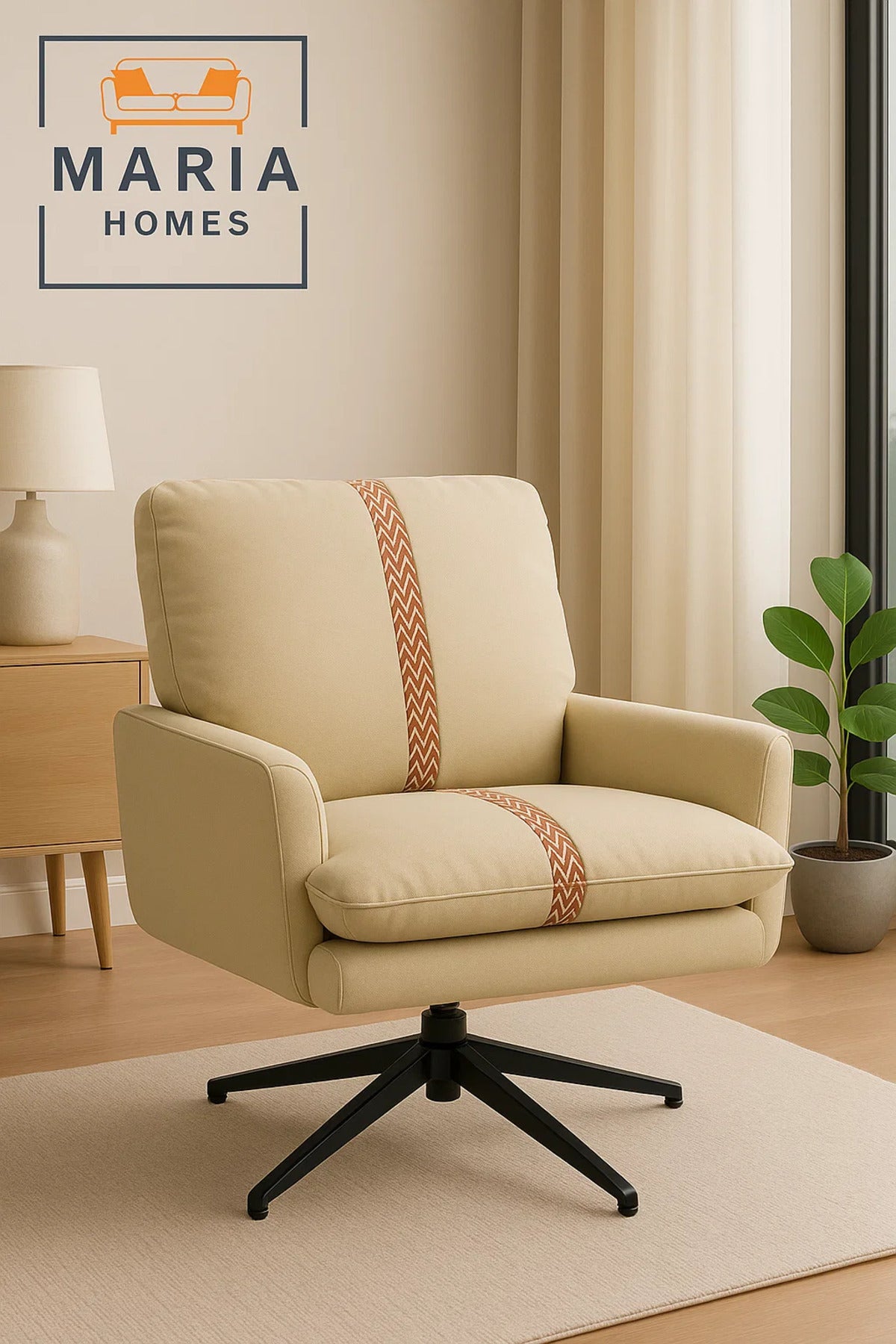 Contemporary Beige Lounge Chair with Red Pattern Stripe Ð Faux Leather Armchair for Living Spaces