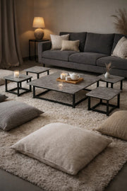 Stylish 5-Piece Grey Low Center Table Set with 4 Matching Stools for Modern Floor Seating Decor