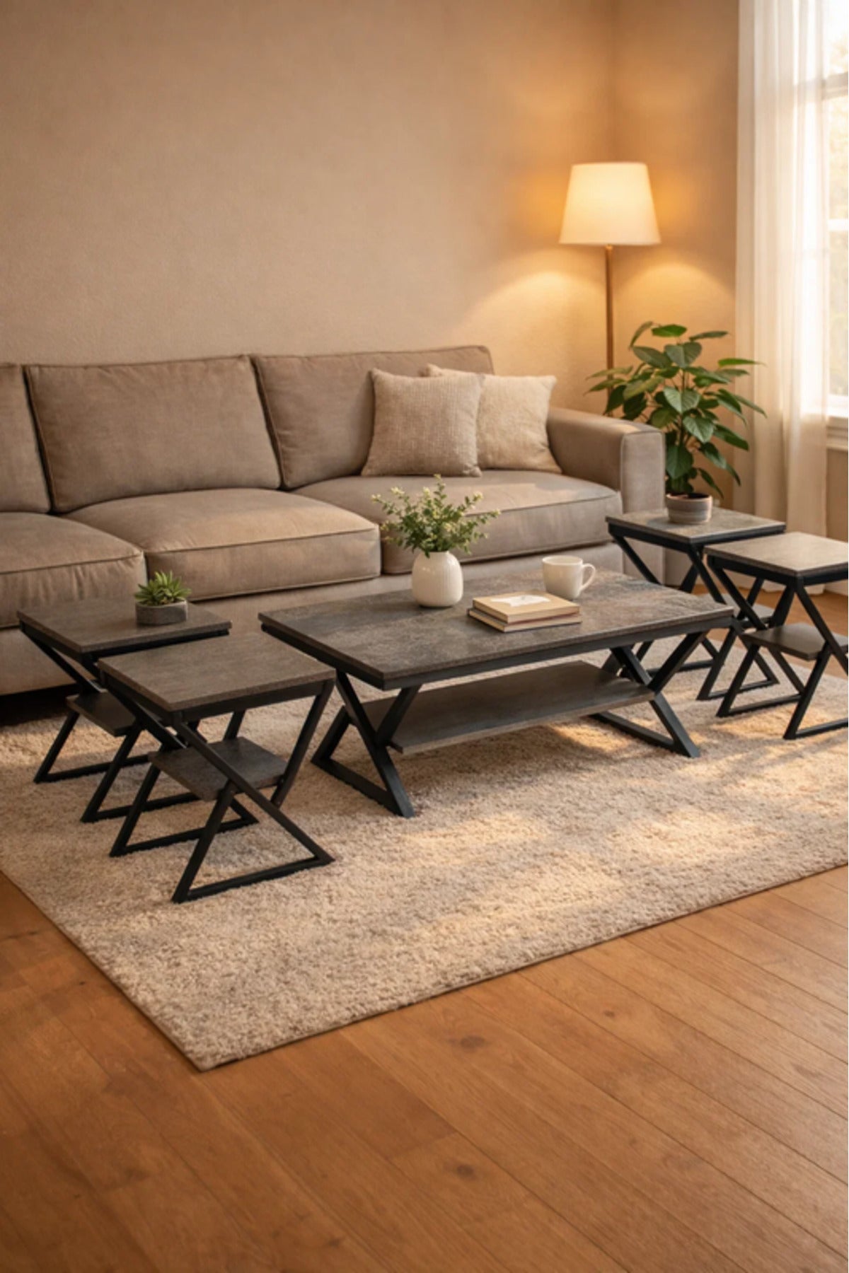 Modern 5-Piece L.GREY Center Table Set with Metal Frame and Wood Finish