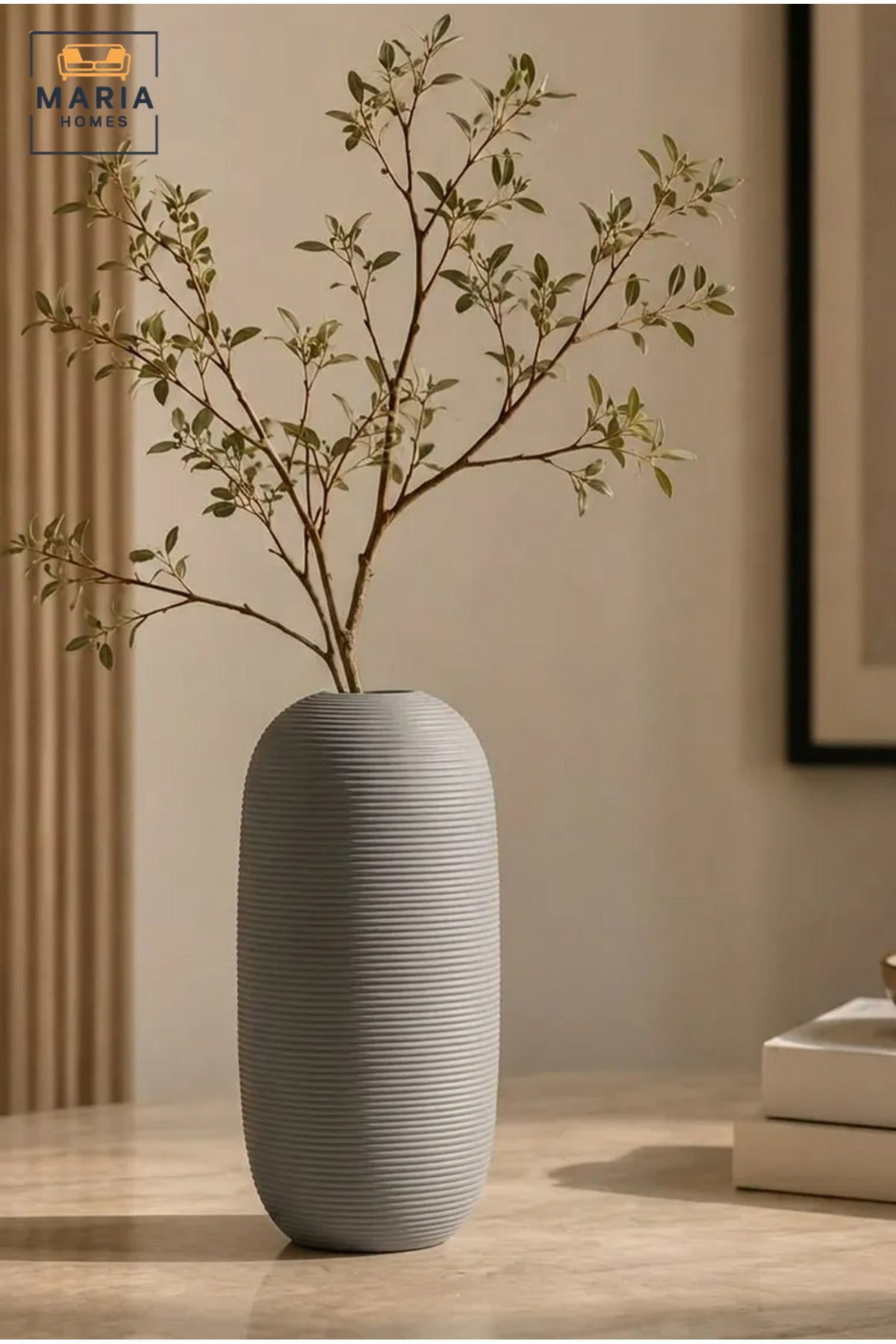 Modern Decorative Flower Vase with Oval Shape, Fine Ribbed Texture and Narrow Opening for Living Room, Bedroom, Office, Shelf and Console Table Décor