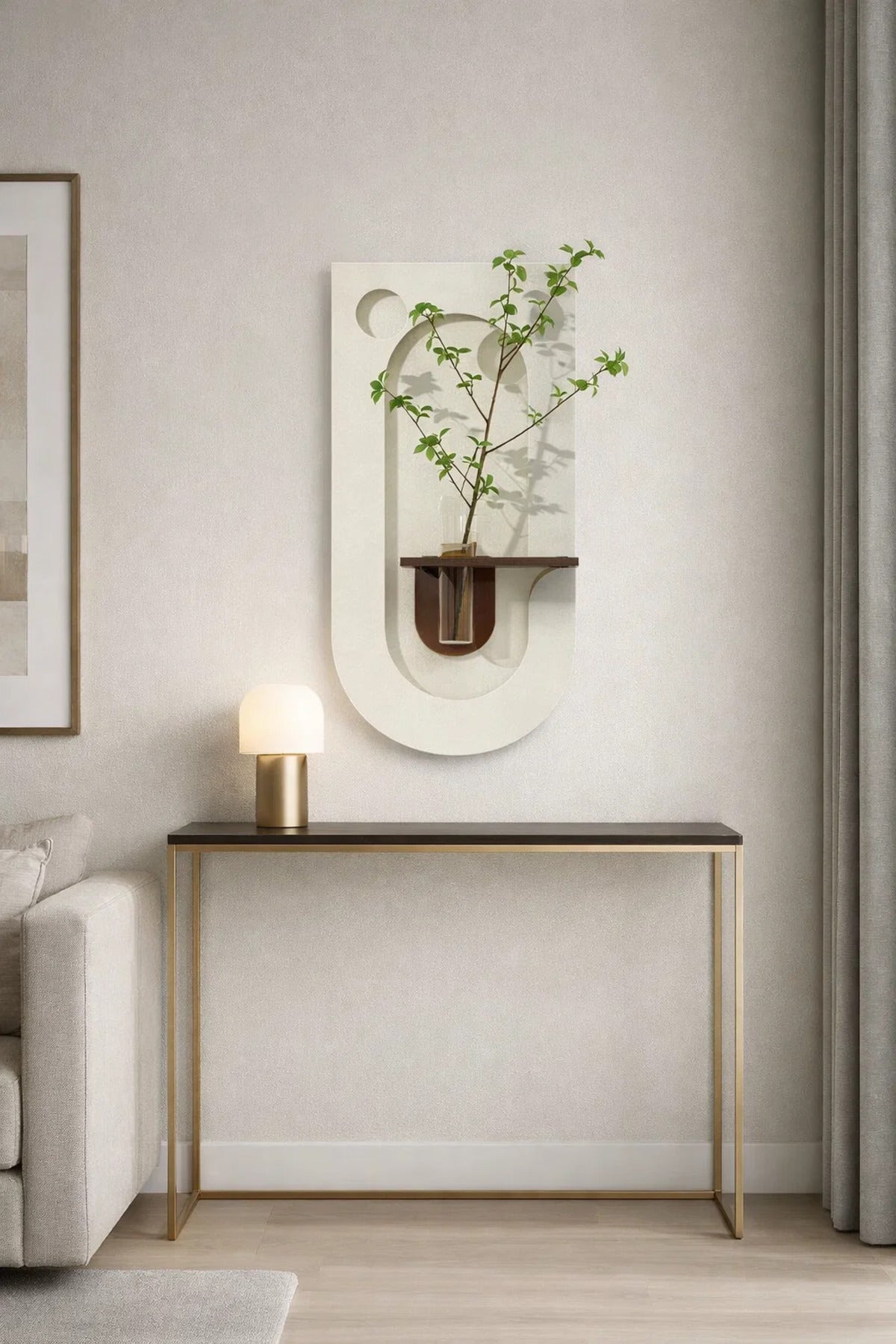 Minimalist Cream Wall Art Panel with Wooden Shelf and Glass Flower Vase 80x40cm Home Decoration