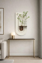 Minimalist Cream Wall Art Panel with Wooden Shelf and Glass Flower Vase 80x40cm Home Decoration