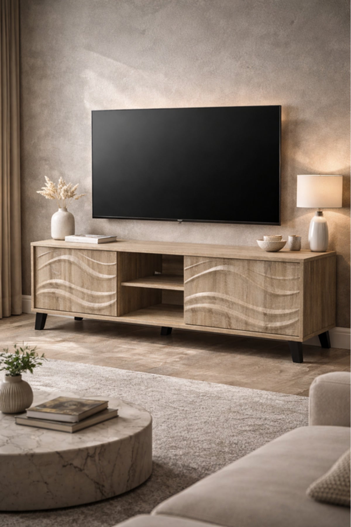 Modern Wood Finish TV Stand with Wave Design and Storage Shelves
