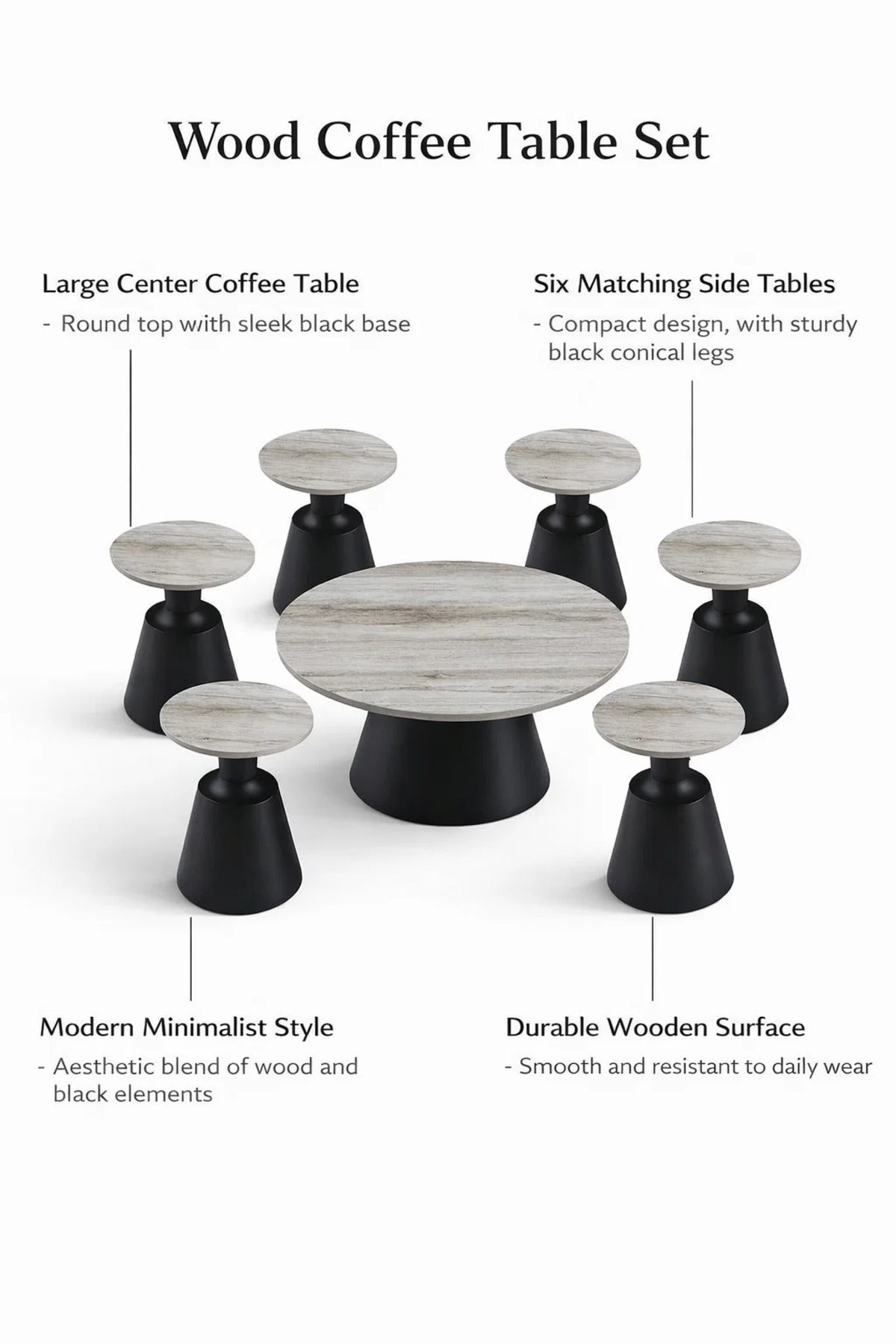 Stylish 7-Piece Round Coffee Table Set Wood Top Black Pedestal Base Modern Home Living Room Decor