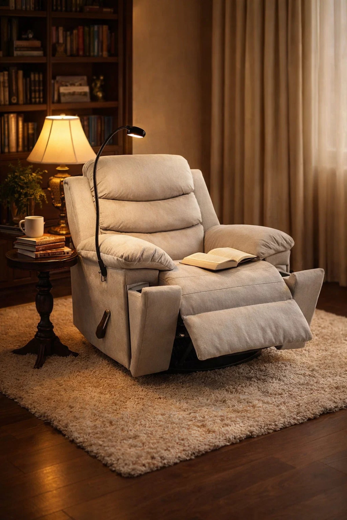 Modern Light Grey Fabric Swivel Rocking Recliner Chair with Built-in Phone Holder for Home Relaxing