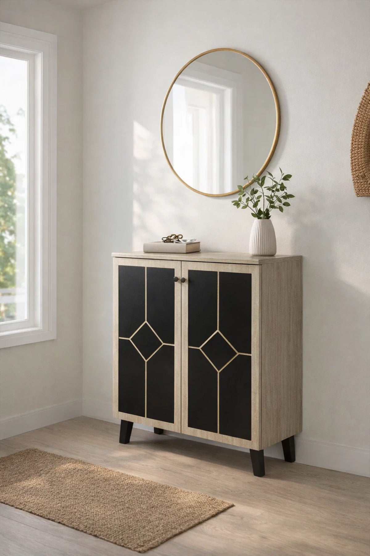 Elegant Two Door Shoe Cabinet Geometric Design Beige and Black Hallway Storage Organizer Unit Stand