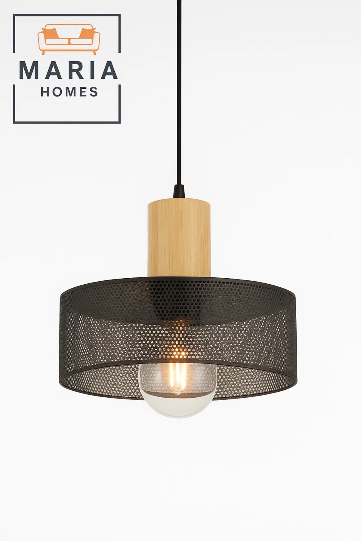 Black Mesh Pendant Light with Wood Accent