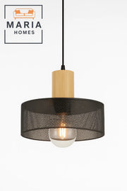 Black Mesh Pendant Light with Wood Accent