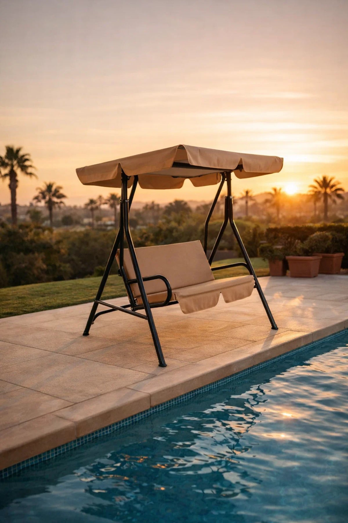 Beige 3-Seater Garden Swing with Adjustable Canopy, Durable Steel Frame for Patio, Porch & Yard