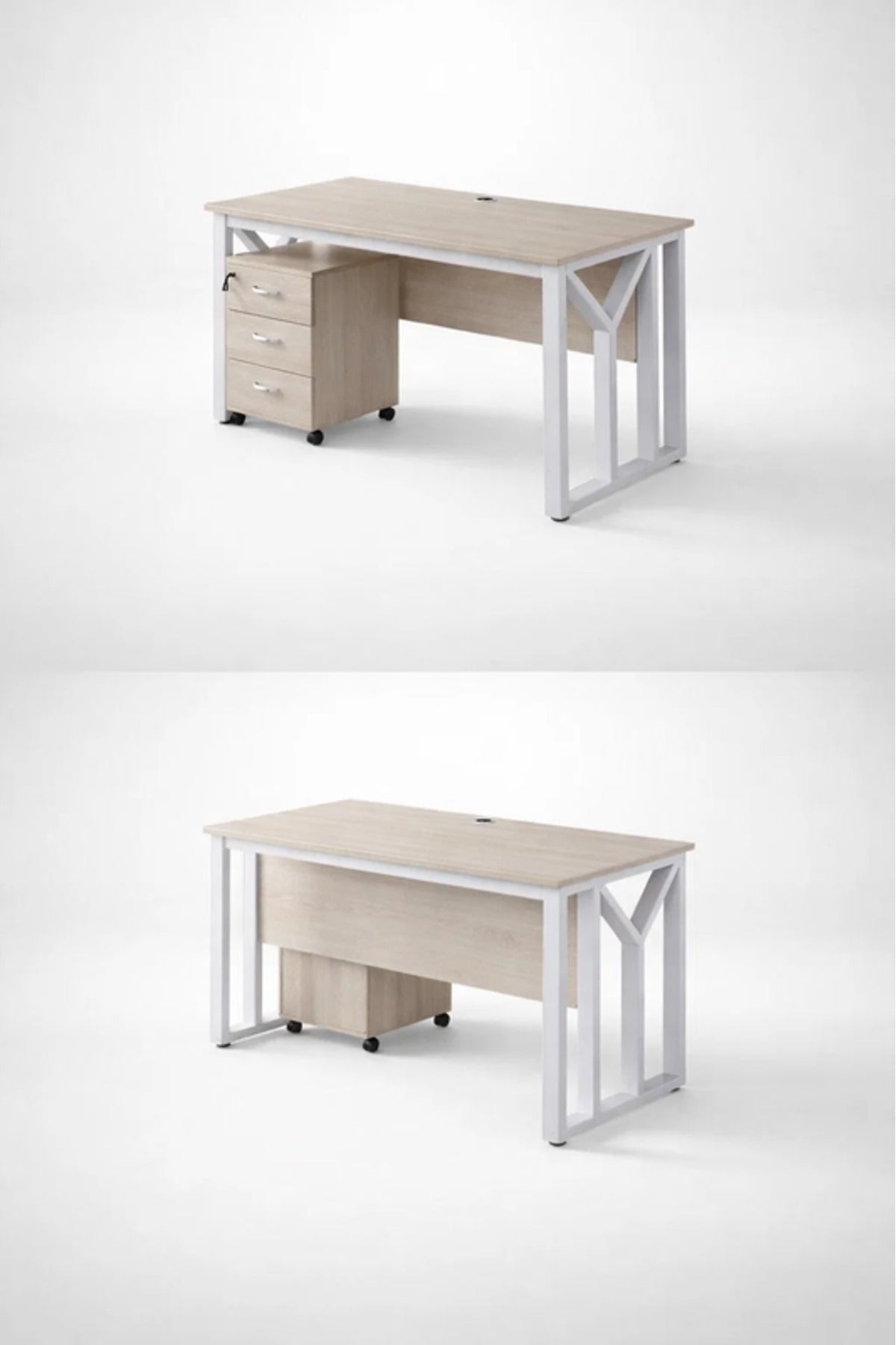 Modern Wood Desk with White Metal Frame & Rolling Drawer
