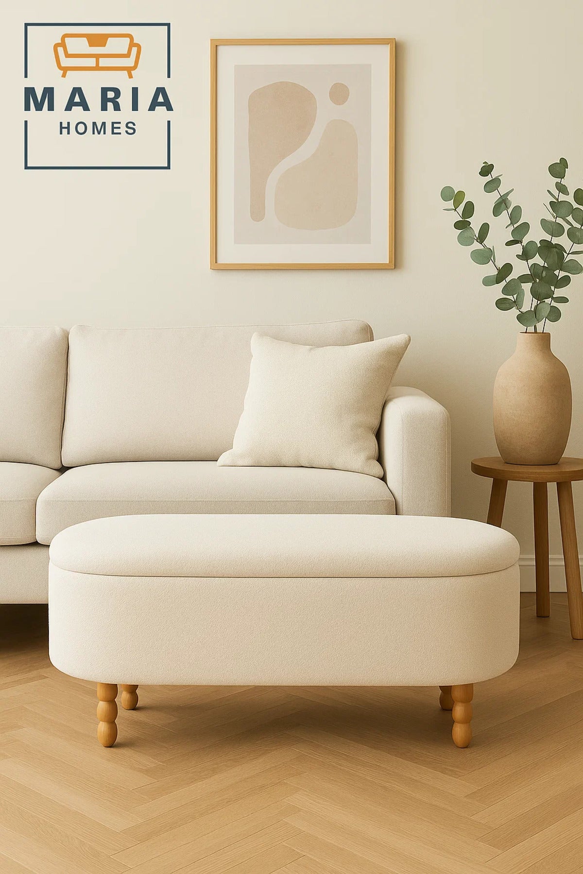 Oval White Ottoman with Soft Upholstery and Turned Wooden Legs