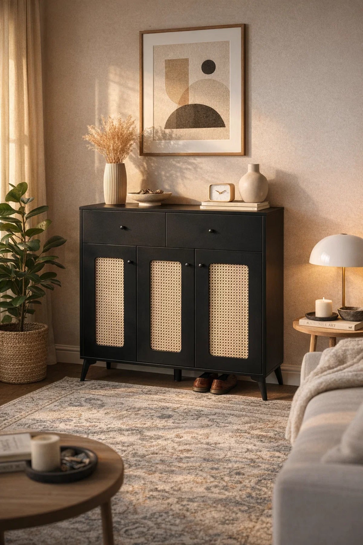 Stylish Black Rattan Shoe Cabinet with Drawers Multi Purpose Hallway Console Table Storage Unit