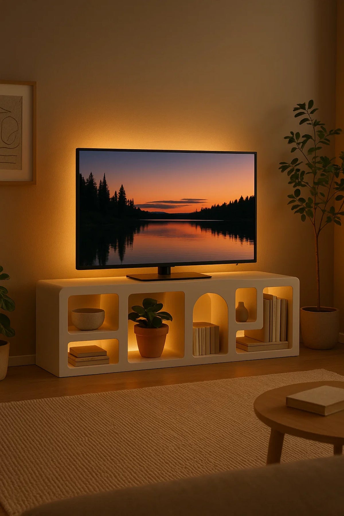Modern White Geometric TV Stand with Open Display Shelves Ð 160x40x50 cm