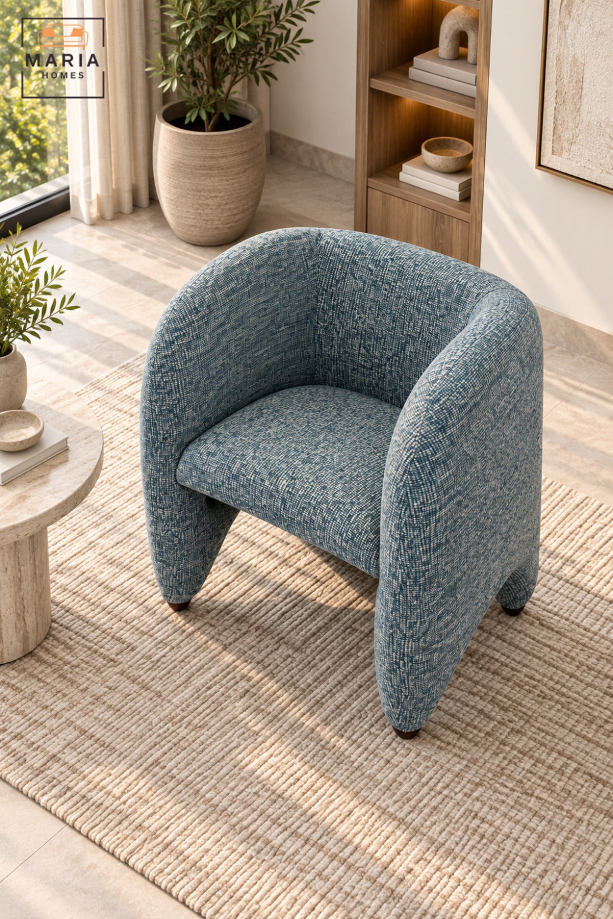 Modern Blue Upholstered Accent Chair with Curved Backrest, Padded Seat and Sculptural Design for Living Room, Bedroom, Lounge & Reception