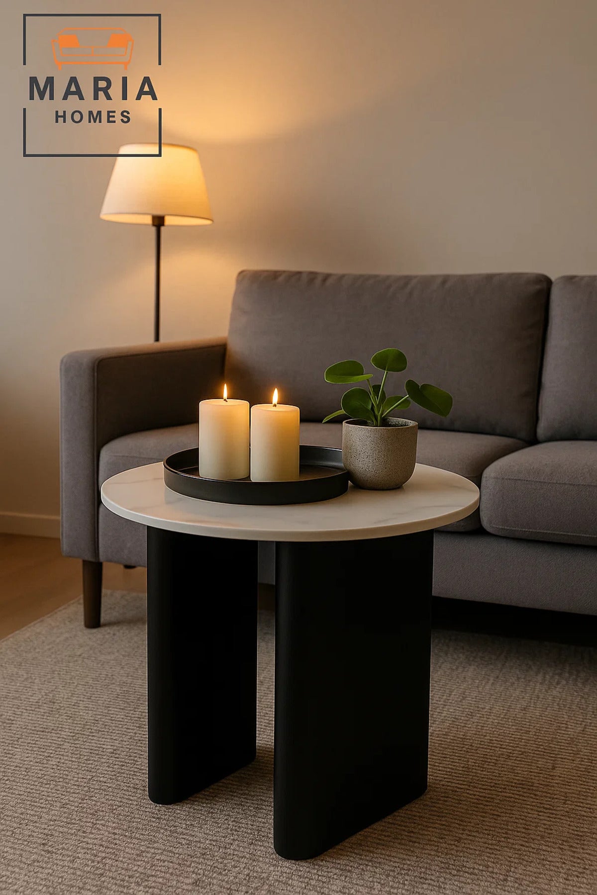 Compact Round Side Table with White Marble Top and Black Base Modern Accent Table for Any Room