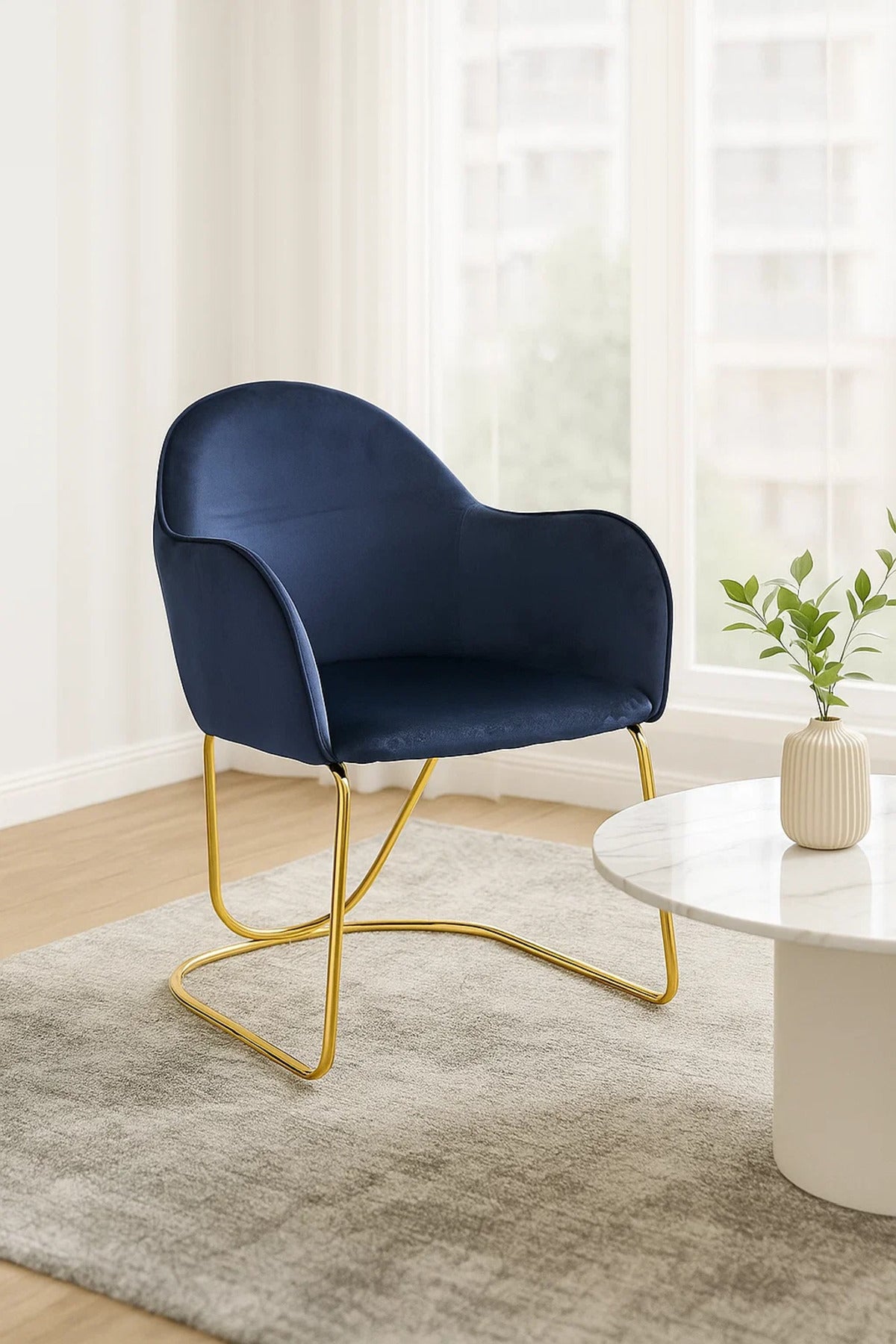 Luxury Velvet Accent Chair with Gold Metal Legs, Modern Navy Blue Upholstered Dining & Office Chair