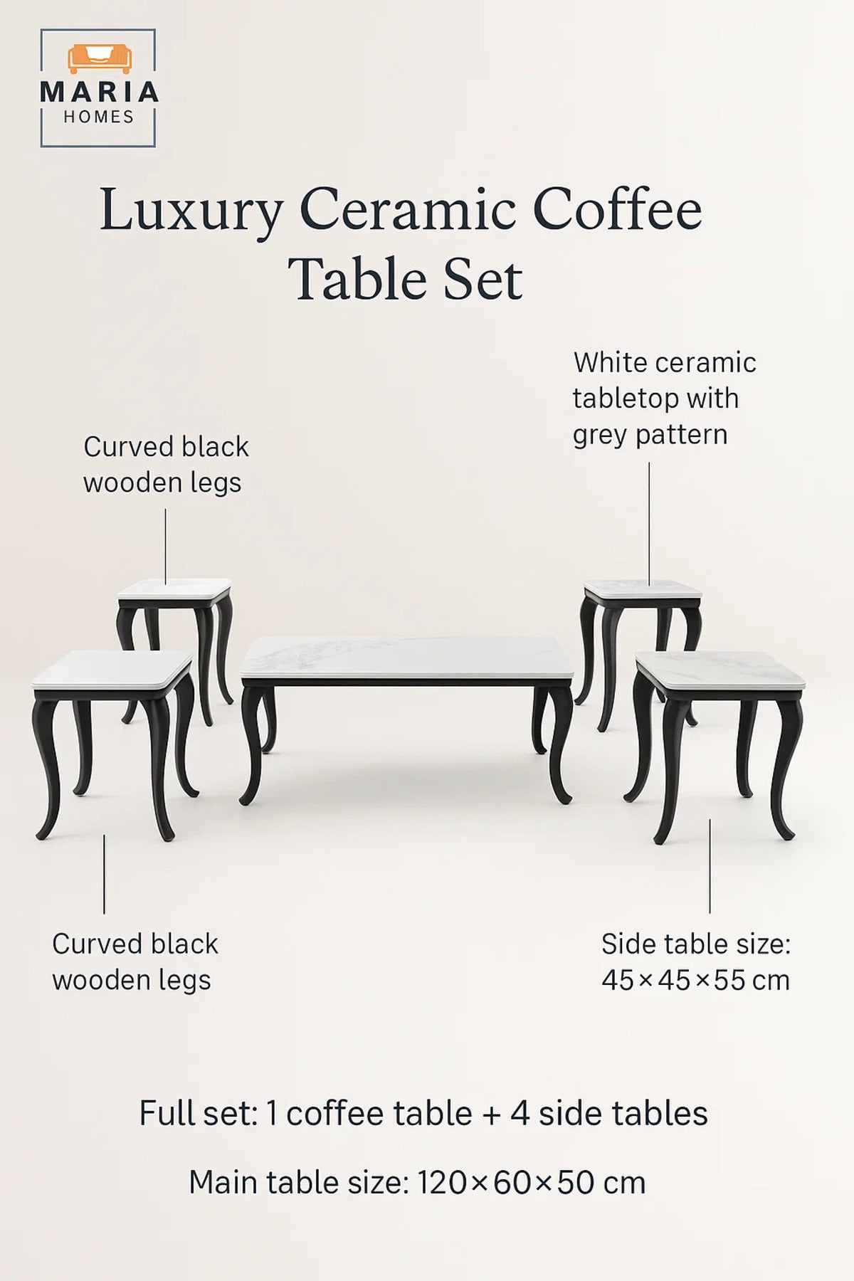 Ceramic Marble Tea Table Set 1+4 √ê Square Coffee Table and Side Tables 120_60_50 / 45_45_55
