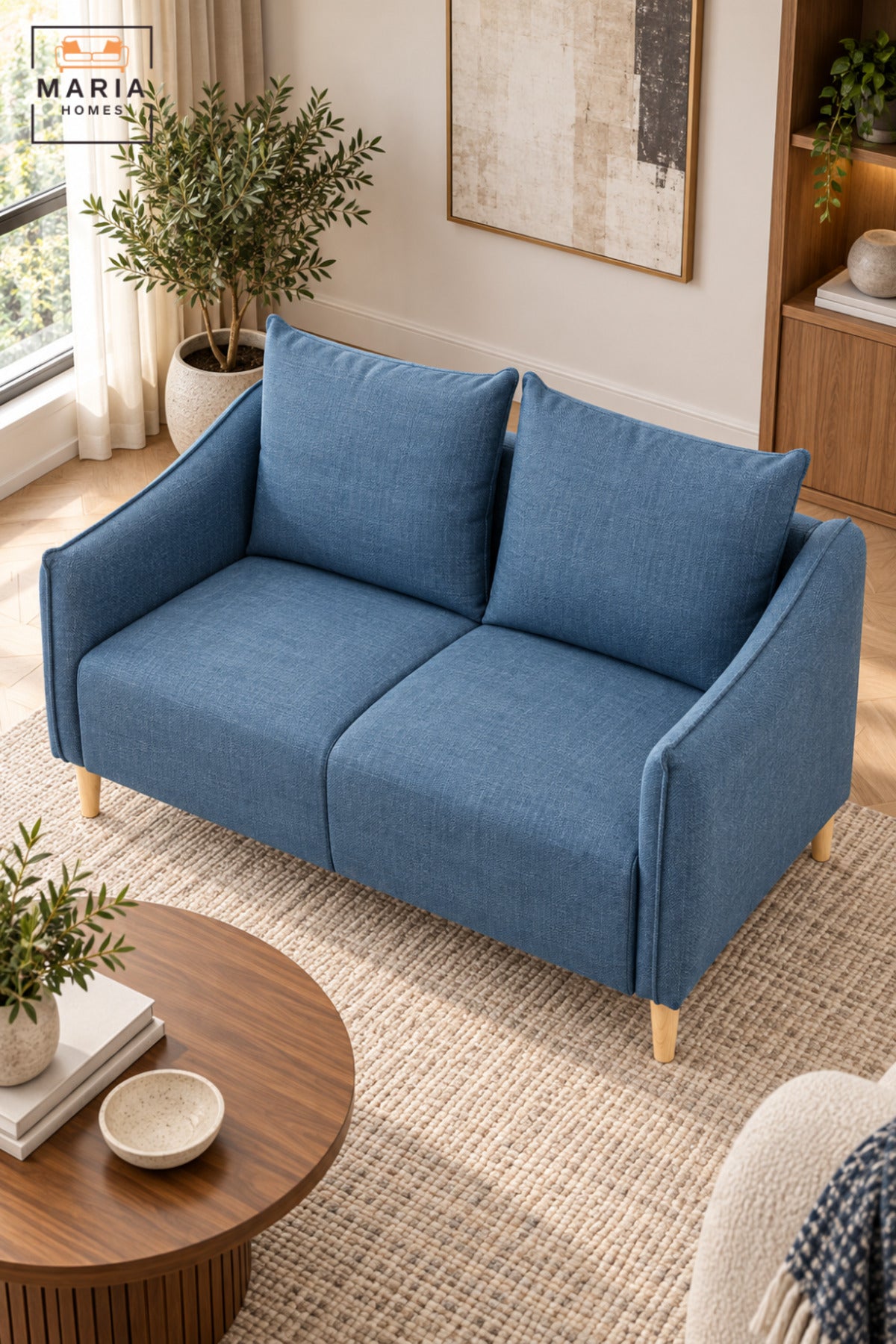 Modern Blue 2 Seater Fabric Sofa with Soft Back Cushions, Comfortable Loveseat with Armrests and Wooden Legs for Living Room, Bedroom & Lounge