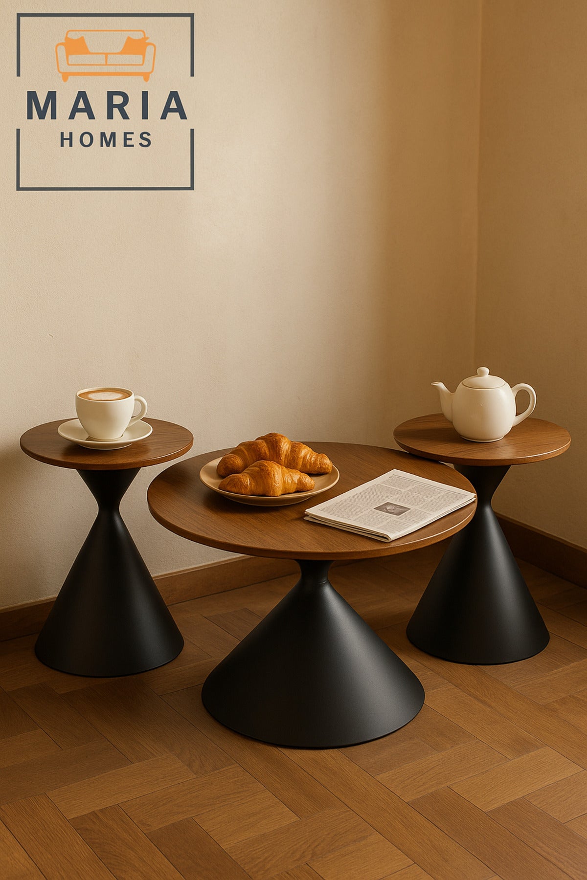 Modern Walnut Coffee Table Set Ð 3-Piece Round Center and Side Tables with Black Cone Base