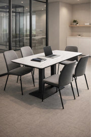 Modern Rectangular Dining Table with White Marble-Effect Top & Black Metal Base