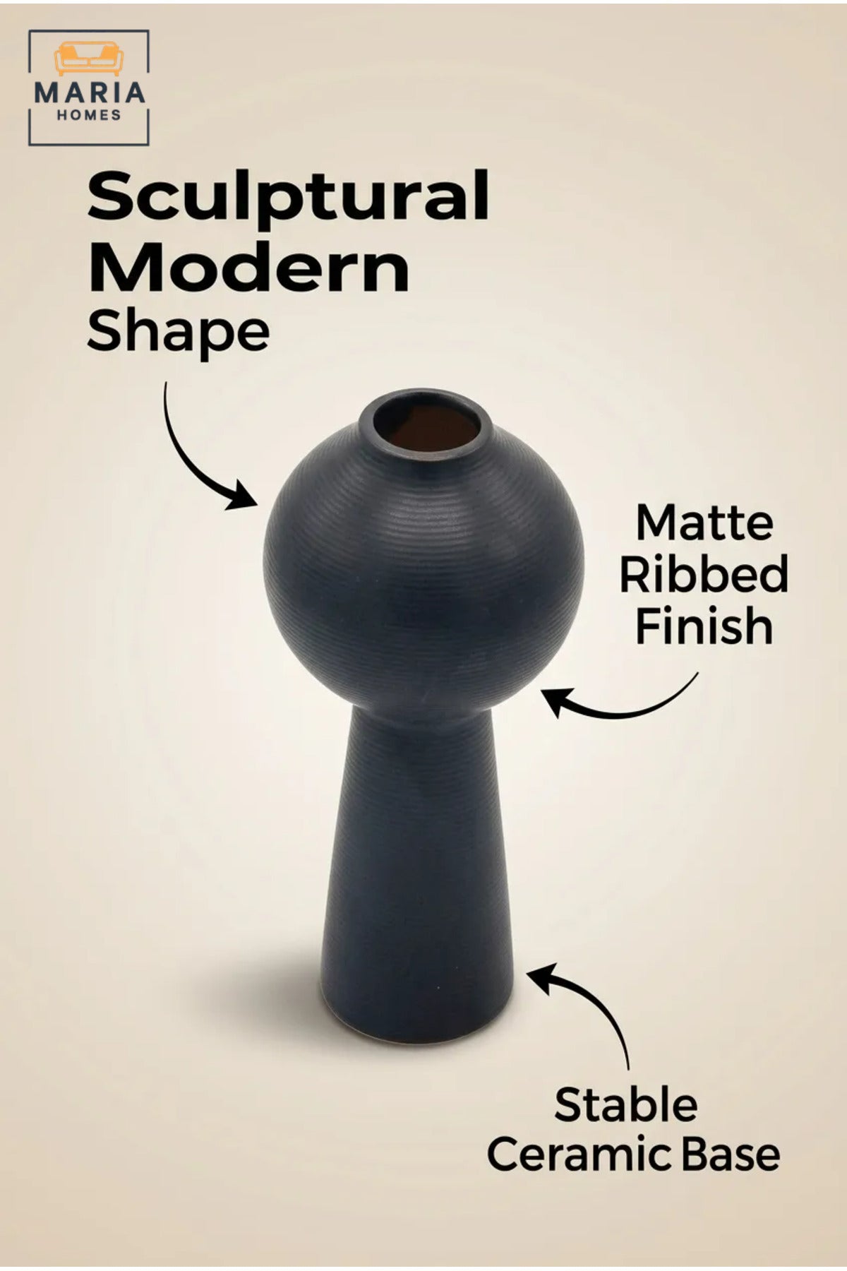 Modern Decorative Flower Vase with Sculptural Round Top, Tapered Base and Textured Finish for Living Room, Bedroom, Office, Shelf and Console Décor