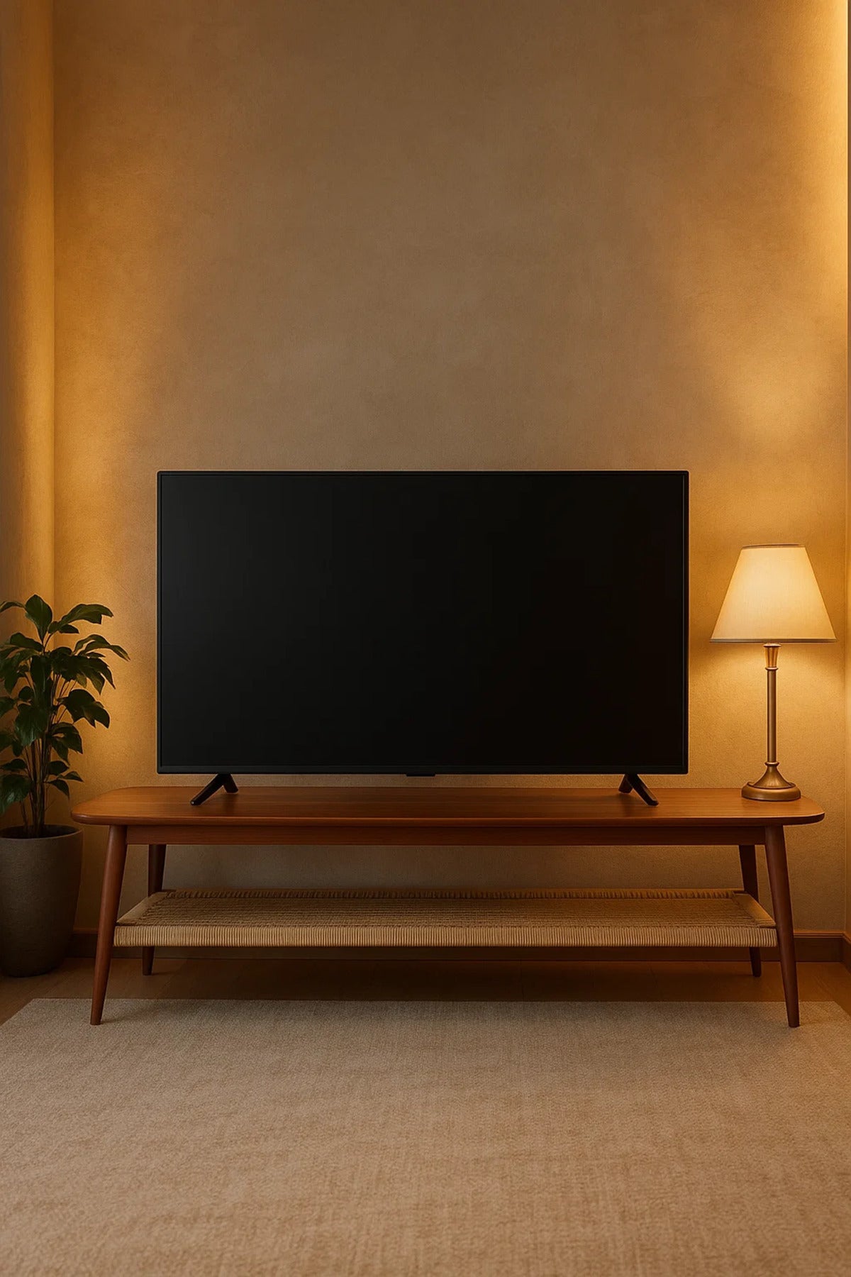 Mid-Century Modern TV Table with Woven Shelf Ð 160x40x45 cm Walnut Finish