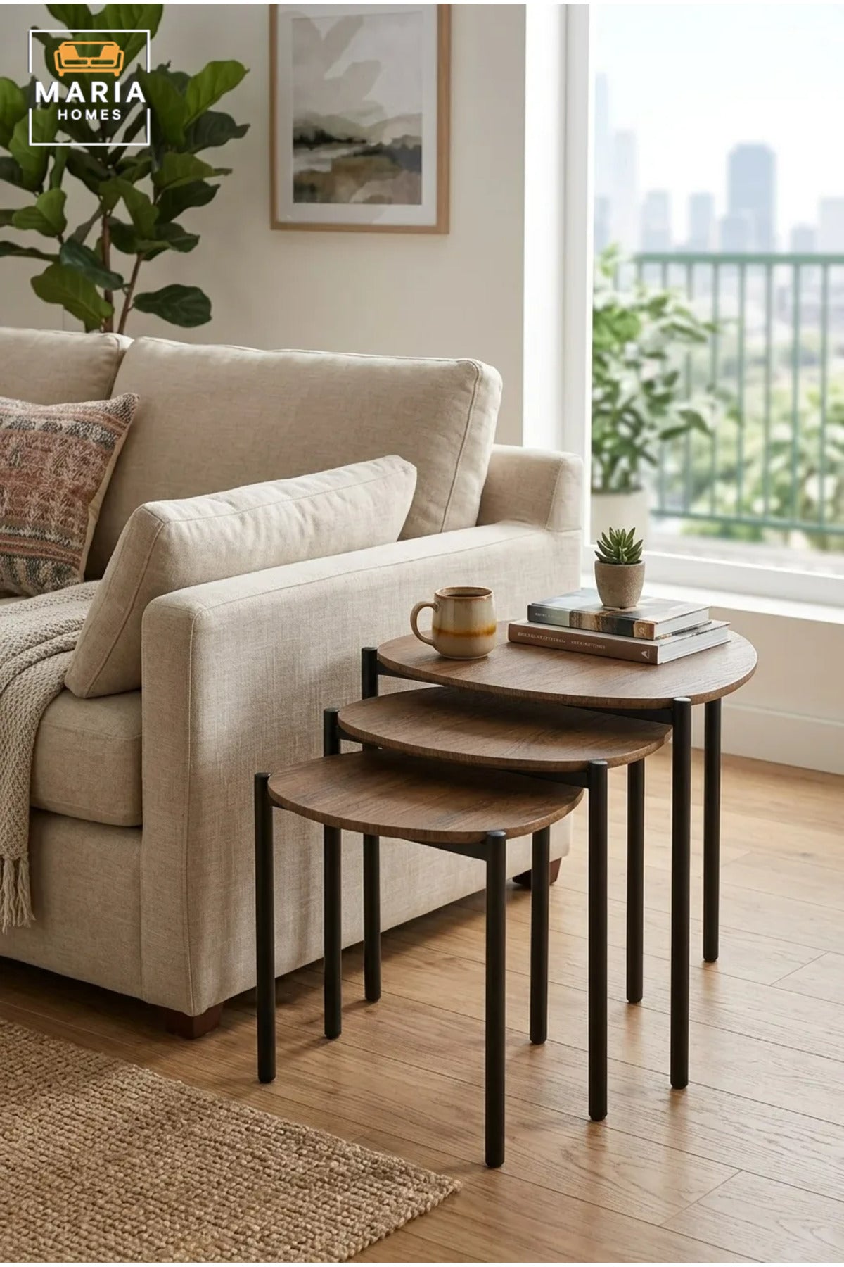 Set of 3 Nesting Coffee Tables with Wooden Tops and Slim Metal Legs, Space-Saving Side Tables for Living Room, Bedroom, Lounge and Office