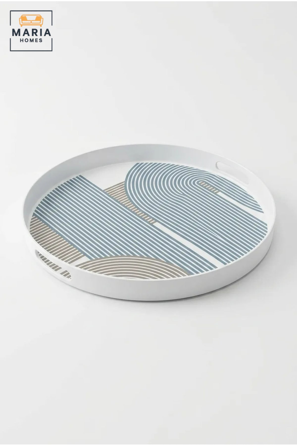 Round Serving Tray with Built-In Handles, Raised Rim and Geometric Pattern, Multipurpose Food and Drinks Tray for Kitchen, Dining, Café and Hotel