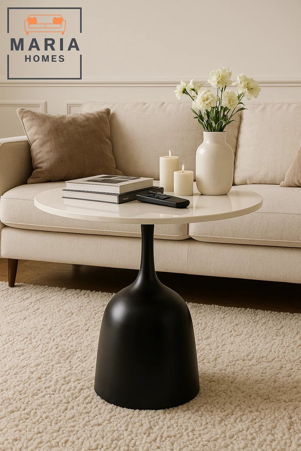 Modern Round Side Table with White Top and Black Curved Base