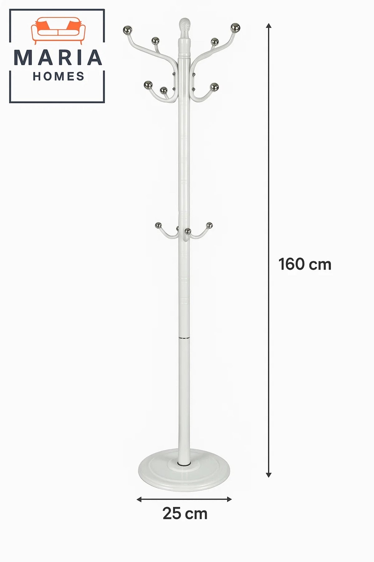Freestanding White Metal Coat Rack with Multiple Chrome Hooks