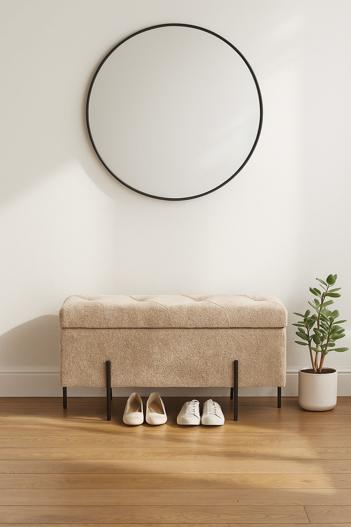 Brown Storage Bench with Tufted Fabric Seat & Black Metal Legs Ð 90_38_40 cm