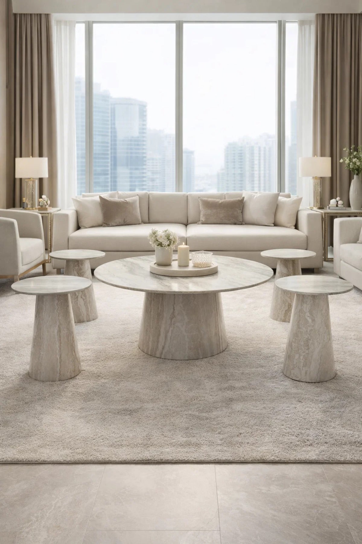 Premium 5-Piece Round Coffee Table Set with 4 Side Tables Marble Look for Modern Living Room