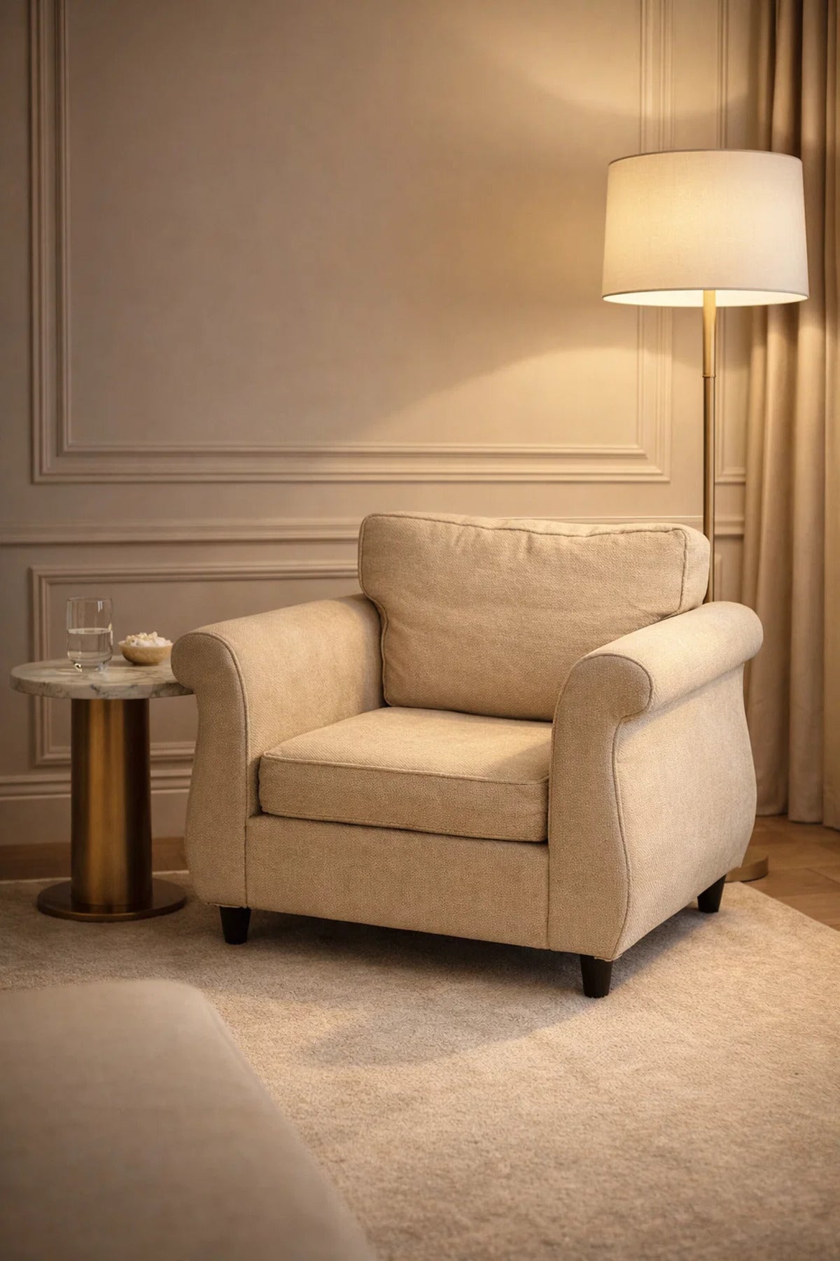Beige Single Seater Sofa with Cushioned Seat and Classic Design