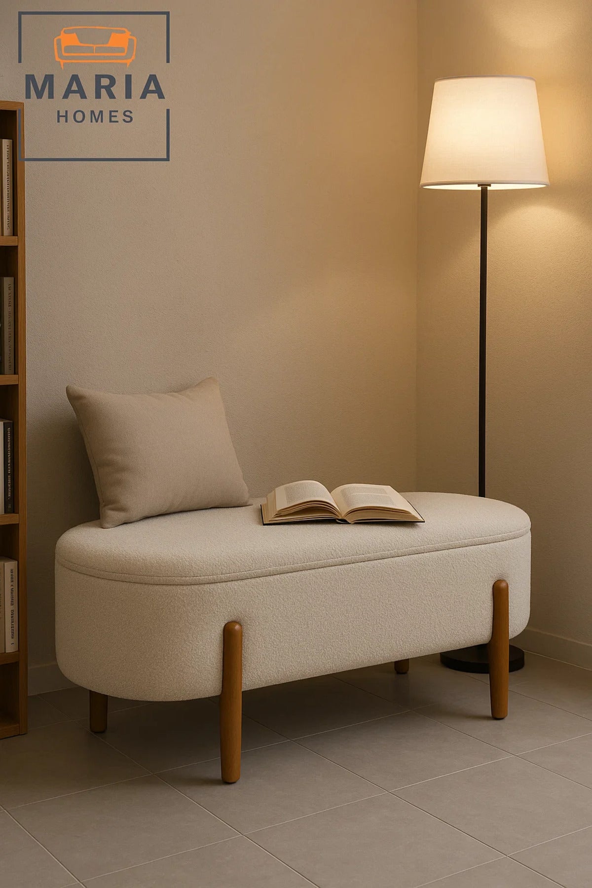 Large White Oval Ottoman with Tall Wooden Legs