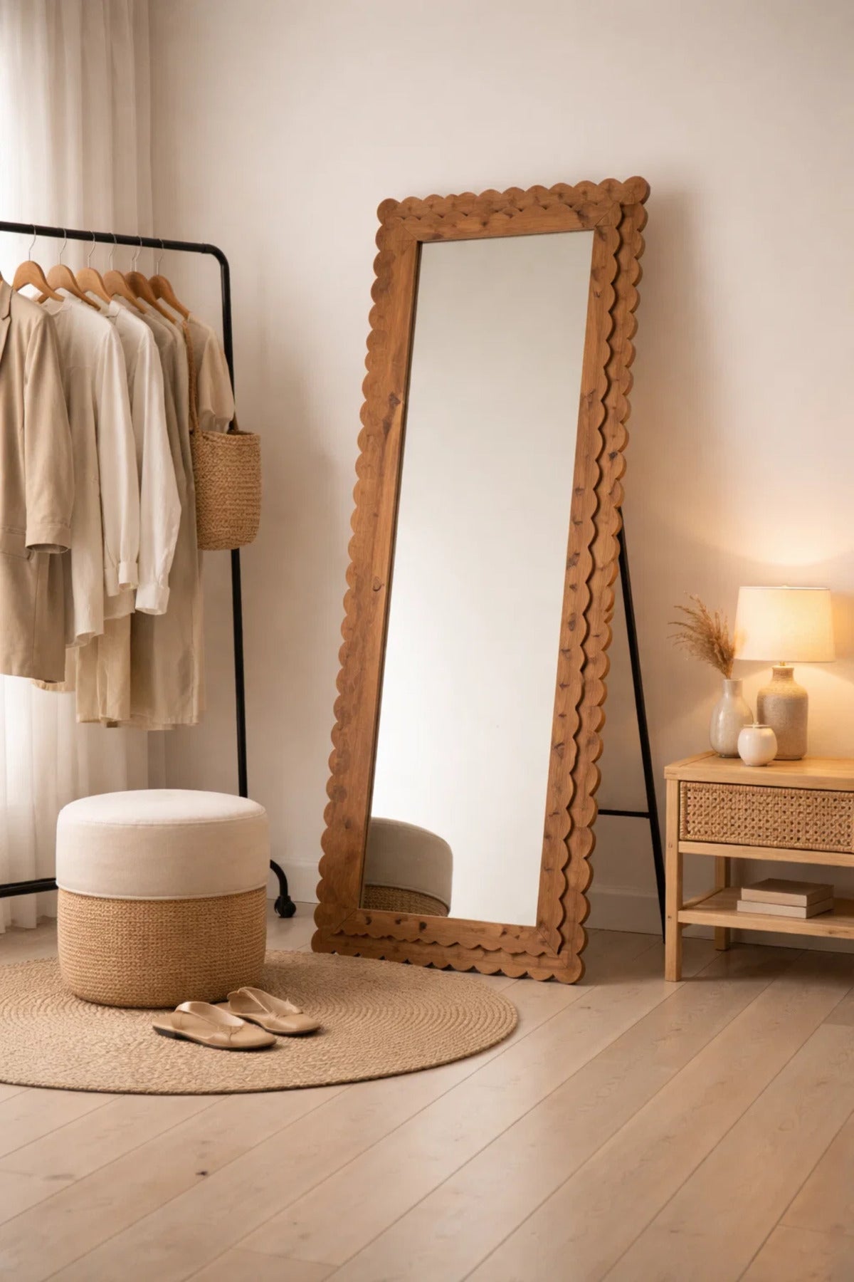 Full Length Wooden Floor Mirror with Scalloped Frame 160x60cm Natural Finish full