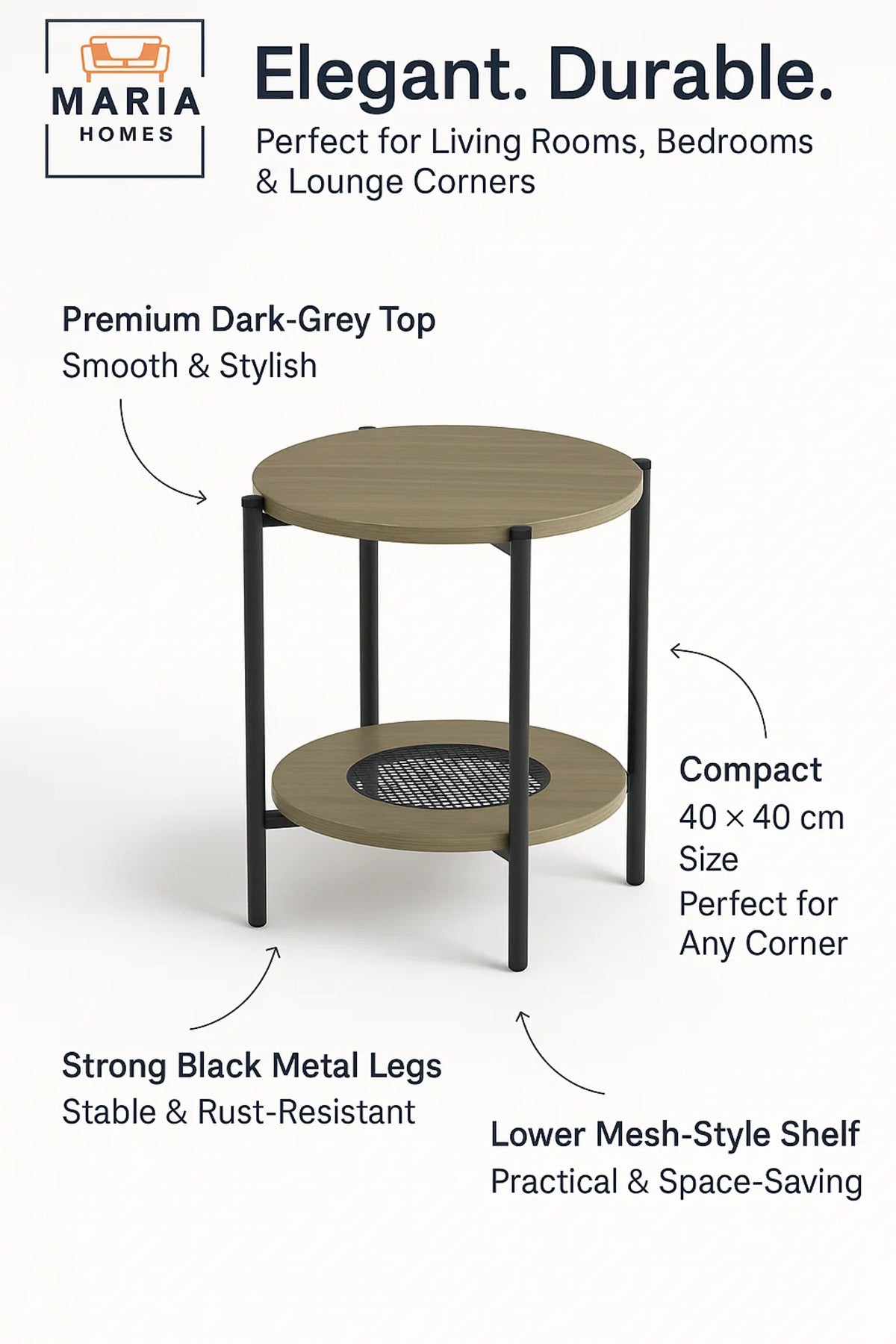 Modern Dark Wood Side Table √ê Round Coffee Table with Storage Shelf 40_40_55 cm
