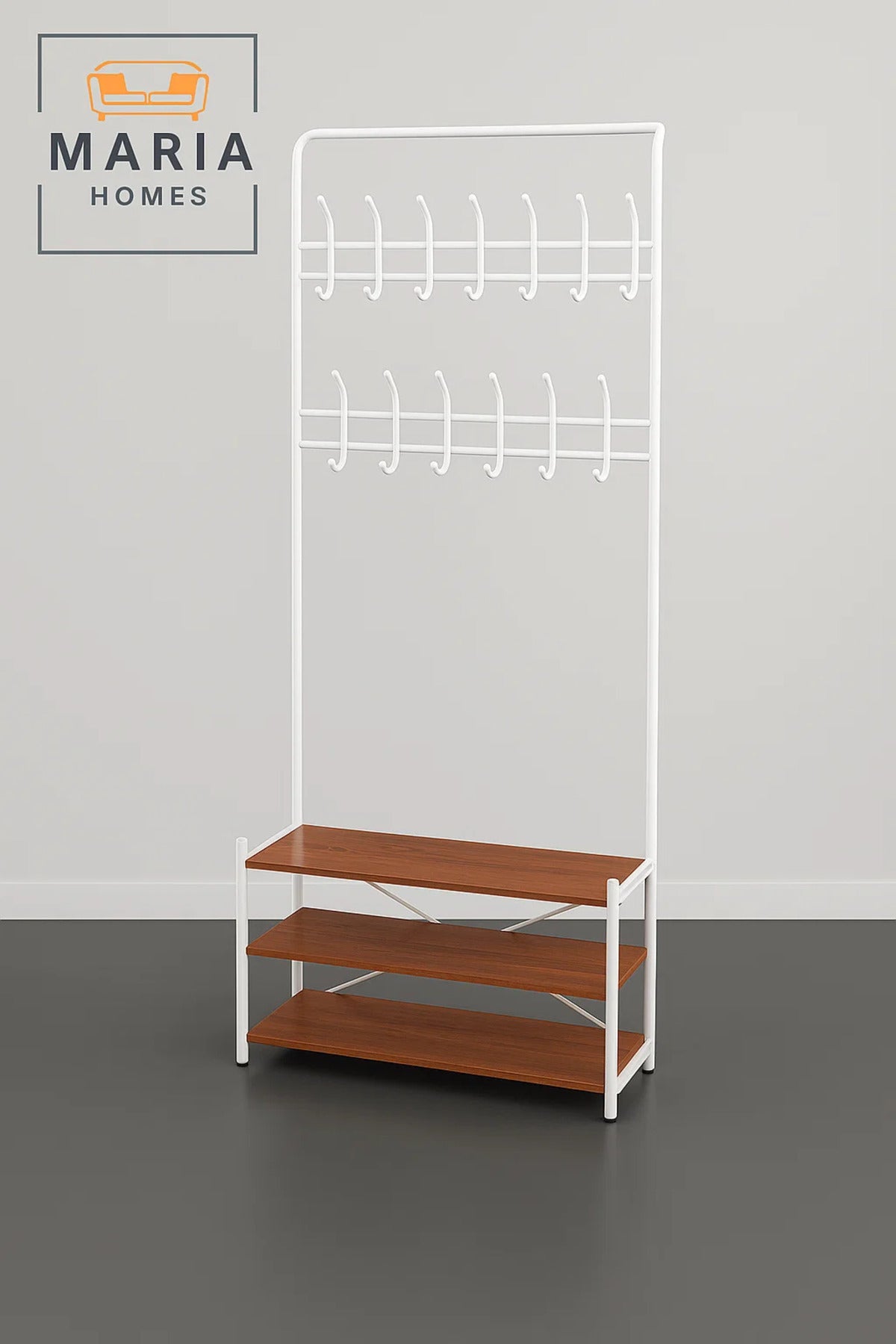 White Frame Coat Rack with 12 Hooks and 3-Tier Wooden Shoe Shelves