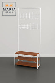 White Frame Coat Rack with 12 Hooks and 3-Tier Wooden Shoe Shelves