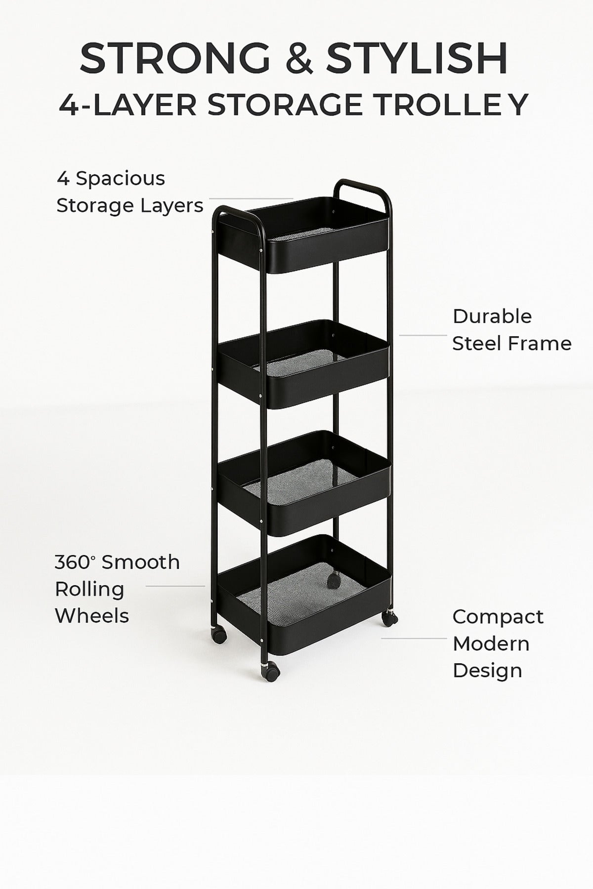 4-Layer Black Metal Storage Trolley with Wheels Ð Tall Slim Rolling Organizer Cart