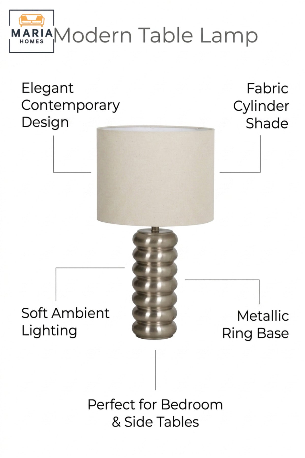 Modern Silver Ribbed Table Lamp with Fabric Drum Shade Sculptural Bedside Light for Bedroom Living Room Office Console Table and Hotel Décor