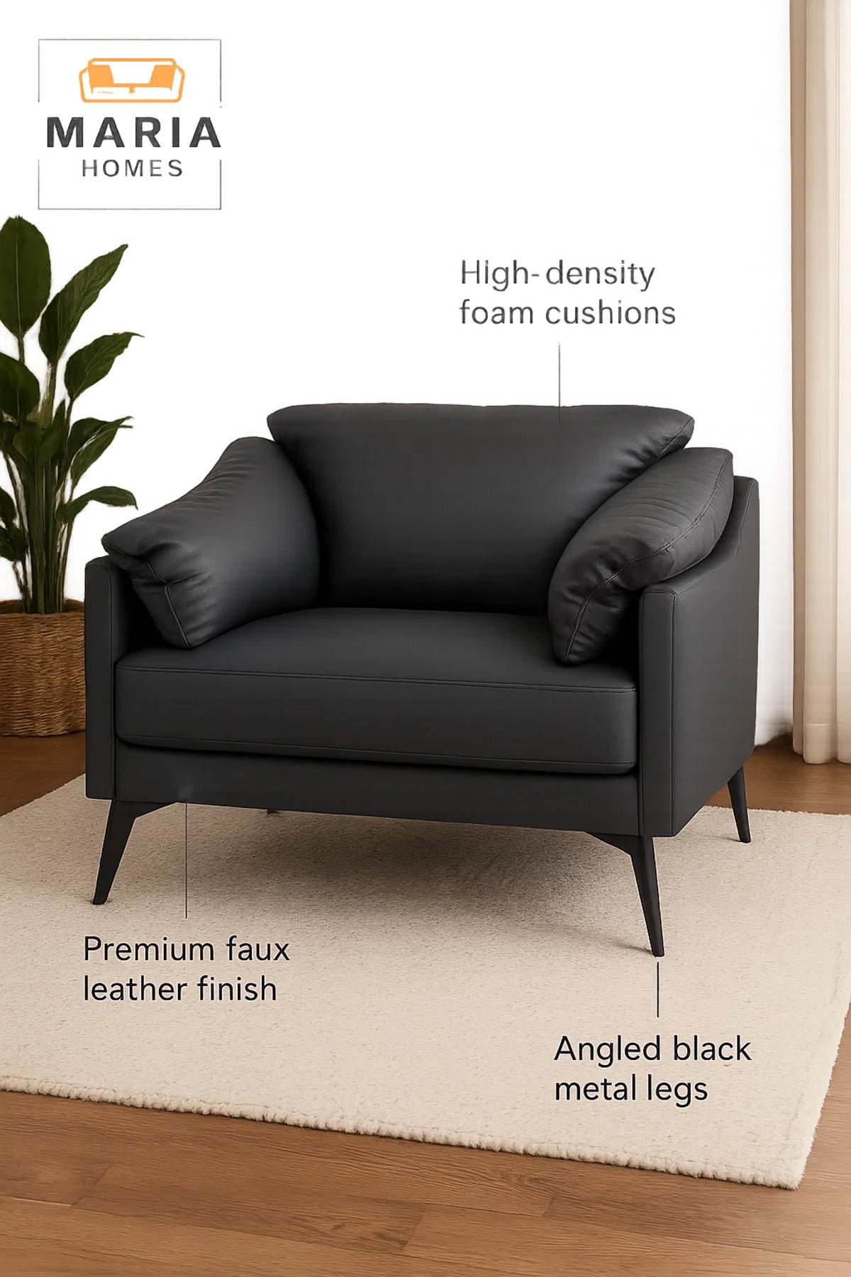Modern Black Leather Armchair Ð Wide Seat with Pillow Armrests