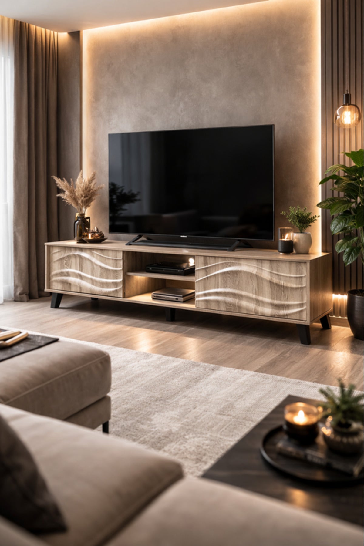 Modern Wood Finish TV Stand with Decorative Wave Panels and Storage
