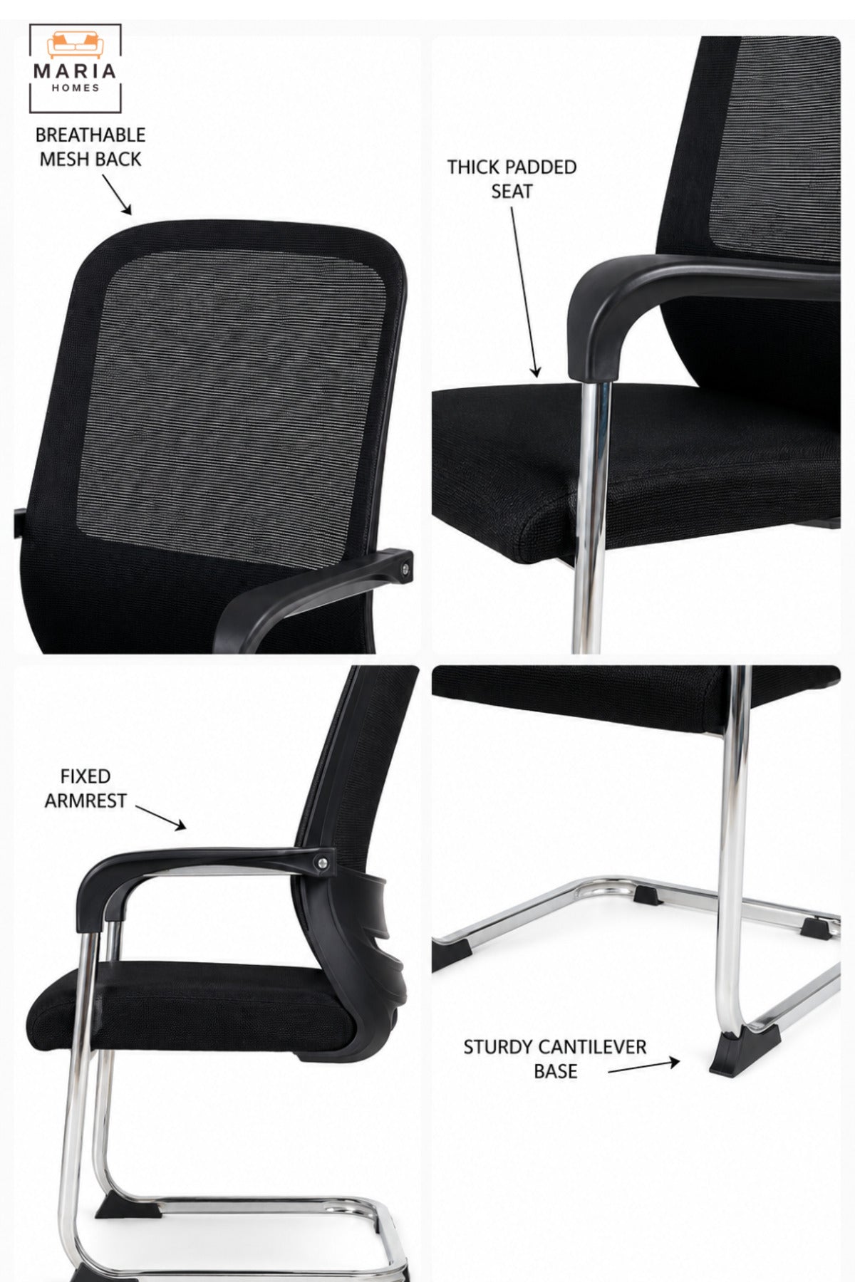 Modern Black Mesh Visitor Office Chair with Padded Seat, Armrests & Chrome Cantilever Base, Contemporary Guest Chair for Meeting Room Reception