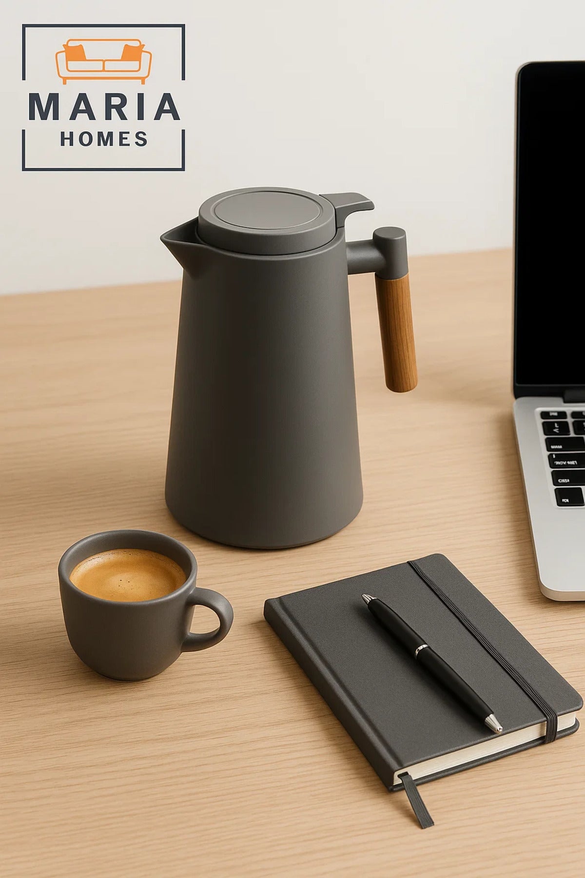 Matte Grey Insulated Thermal Jug with Wooden Handle