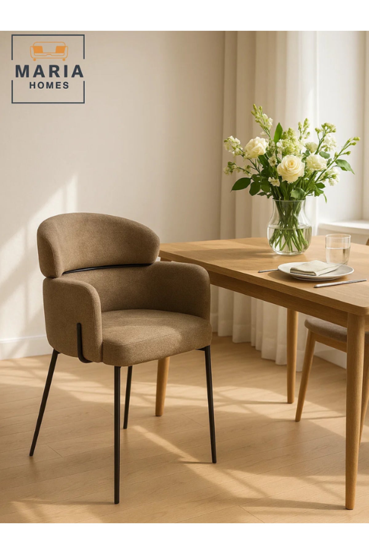 Modern Coffee Upholstered Dining Chair Ð Padded Seat & Back with Black Metal Legs