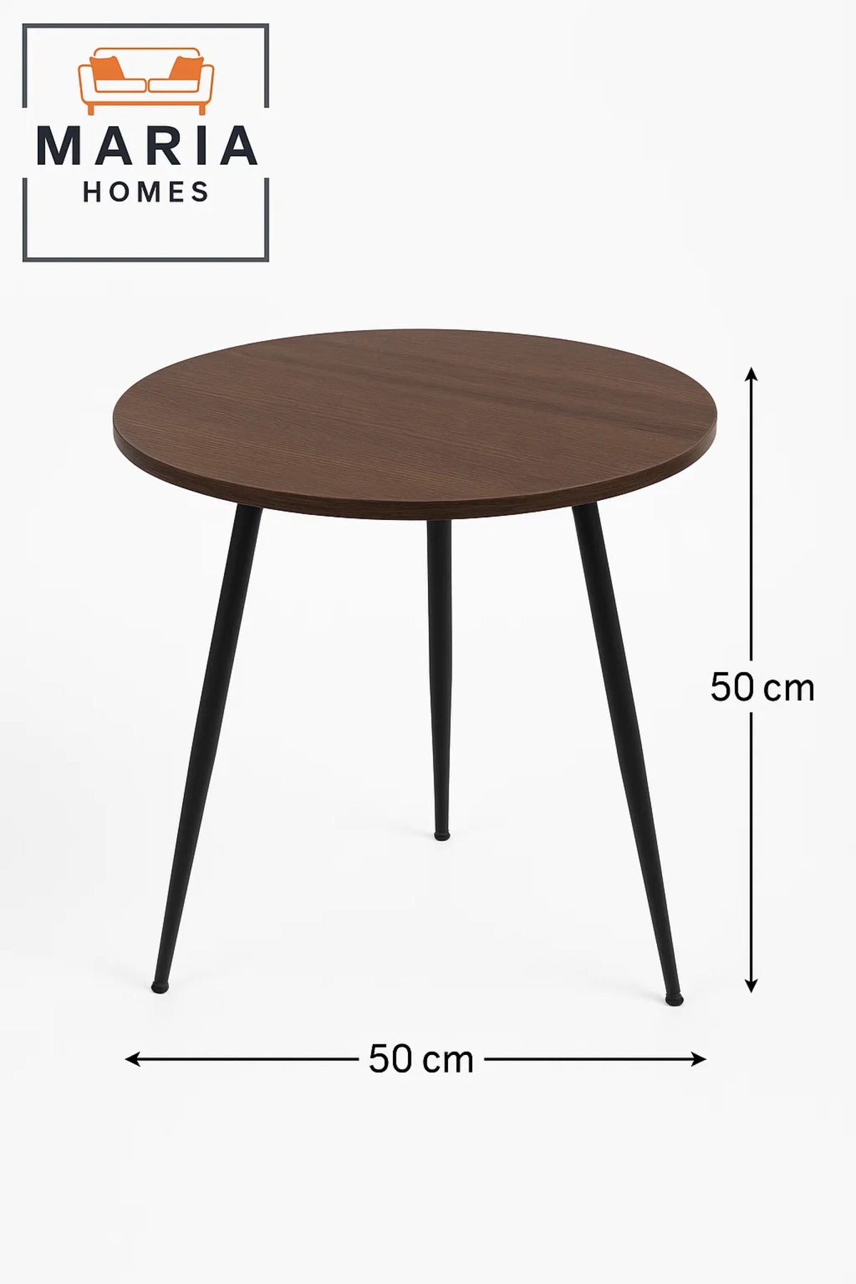 Round Dark Wood Side Table with Slim Black Metal Legs